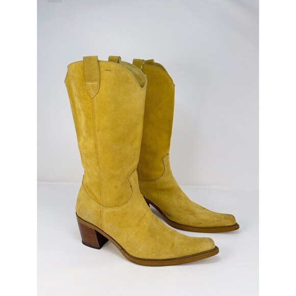 Navid O Nadia Women Boots Yellow Suede Mid Calf Pointed Heeled Designer 41 US 10 - Picture 2 of 12